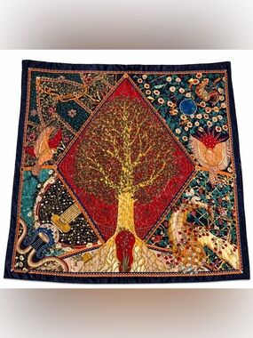 100% Silk Square Scarf 35” Hand Rolled Baroque Floral Tree of Life Print